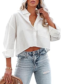 Womens Button Down Cropped Shirts Long Sleeve Casual Crop Tops Solid Lapel Blouse Shirt with Chest Pocket