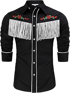 Men's Western Cowboy Fringe Shirt Long Sleeve Rose Embroidered Slim Fit Button Down Shirt