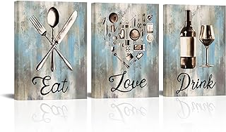 LyerArtork Home Kitchen Pictures Wall Art Vintage Utensils Canvas Prints Eat Love Drink Sign Paintings Teal Grey Artwork for Dining Room Decorations 12x16inchx3 pcs