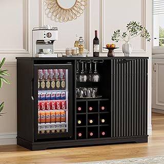 Coffee Bar Cabinet with Fridge (Fridge Included), Fluted Wine Bar Cabinet with Wine Rack and Glass Holder, Buffet Sideboard Table Liquor Cabinet with Drawer & Storage, Home Bar, Black