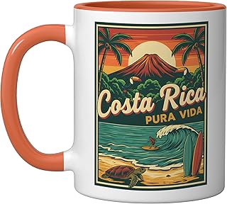 Costa Rica Pura Vida Vintage Surfer Volcano Turtle Ceramic Mug, Orange/White