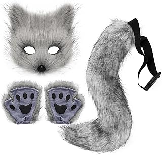 Faux Fur Fox Tail Cat Wolf Set Plush Mask Fluffy Paw Gloves Halloween Christmas Party for Women