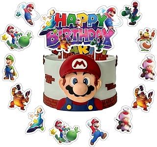 25 Pcs Super Bros Happy Birthday Cake Toppers, Mario Cake Decorations, The set Includes 1 “Happy Birthday” Topper and 24 Dessert Decorations