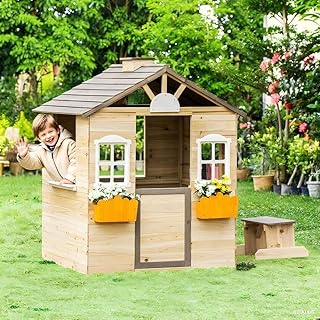 Wooden Children's Play House, Outdoor Garden Lawn Terrace Courtyard Cottage, Suitable for Children Aged 3-7, Equipped with Doors, Windows, Benches, Service Stations, Flower Pot Racks