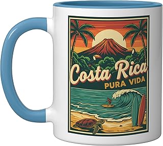 Costa Rica Pura Vida Vintage Surfer Volcano Turtle Ceramic Mug, Blue/White