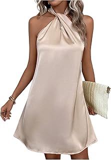 Women's Pearl Beaded Halter Twist Sleeveless Tie Back Dress A Line Dress