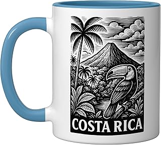 Arenal Volcano Toucan Costa Rica Ceramic Mug, Blue/White