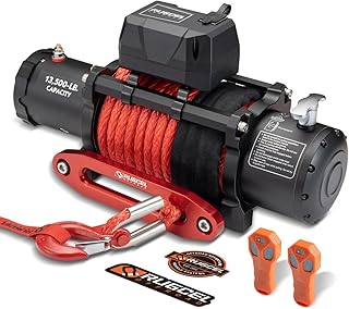 RUGCEL WINCH 13500lb Waterproof Electric Truck Winch 12V Synthetic Rope Winch with Hawse Fairlead,Wired Handle and 2 Wireless Remote,for Trailer and Wrangler in Car Lift