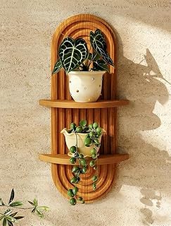 Bamworld Boho Wall Decor Brown Plant Wall Shelf Mid Century Modern Decor Hanging Plant Shelf 16.7in 2 Tier Wooden Floating Shelves for Home Bathroom Bedroom Living Room Office Holding Planter