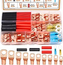 mankk 130PCS Copper Wire Lugs AWG 2 4 6 8 10 12 14 16 Gauge Battery Terminal Connectors Battery Cable Ends Connectors Copper Ring Terminal Kit with Heat Shrink