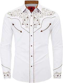 Men's Western Cowboy Shirt Embroidered Long Sleeve Casual Button Down Shirt
