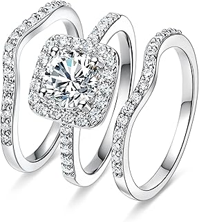 18K White Gold Plated Cubic Zirconia Three-in-One Halo Wedding Engagement Promise Eternity Ring for Women