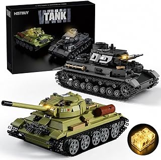 WW2 Army Tank Building Set with LED Lights, Panzer IV & T-34 Military Tanks Models, 1201-Piece Military Vehicle Toy Compatible with Lego, Birthday Gift for Kids 8+ and Adult Fans
