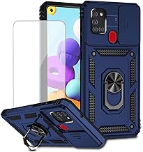for Galaxy A21S Case/Samsung A21s A217F Case with Tempered Glass Screen Protector and Slide Camera Cover, Magnetic Ring Car Mount Holder Kickstand Protective Cover for Samsung Galaxy A21S Blue