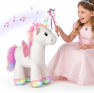 Plush Magic Unicorn Toy W/Remote Control Fairy Magical Wand, Girl Music Unicorn Stuffed Animal W/LED Light Sound, Interactive Birthday Gift 18 24 Month Baby Toddler 2 3 4 5 6 7 Year Kid