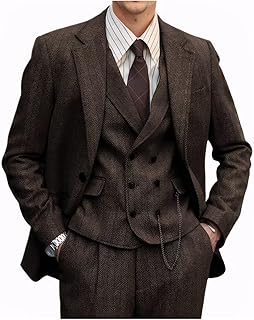 Retro 3 Pieces Men Suit Tweed Herringbone Suits for Men Formal Wool Jacket Dress Suit Vest Pants Wedding Prom Tuxedo