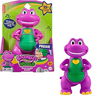 Fisher-Price Barney’s World Musical Toy Heart Hands Barney Figure, 5.7 Inches Tall with Lights & Phrases for Kids Ages 2+ Years