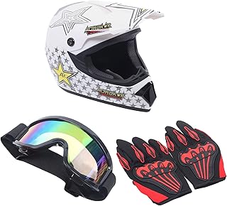 Adult Motocross Dirt Bike Helmet, Motorcycle Helmet Dirt Bike Motocross for Motocross, BMX, MX, UTV, Snowmobile, Go Kart, Racing, Skateboard, ATV Helmet, Goggles and Gloves