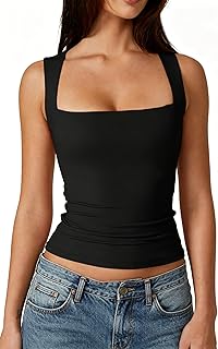 Women's Square Neck Sleeveless Double-Layer Tank Tops Basic Tight T Shirts