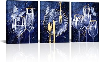 sechars Blue and Gold Kitchen Wall Art Wine Glasses Canvas Decor Modern Gold Silver Painting Glam Dining Room Decorations 12X16X3PCS (Blue)