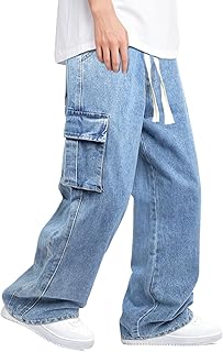 Mens Baggy Jeans Elastic Waisted Denim Pants for Men with Drawstring Streetwear