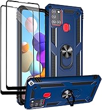 for Samsung Galaxy A21s Case with Tempered Glass Screen Protectors, Military-Grade Metal Ring Kickstand 15ft Drop Tested Shockproof Cover for Samsung Galaxy A21s Blue