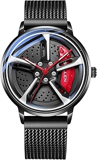 Men's Car Wheel Watch, 42.5mm Racing Style Dial, 30M Waterproof Skeleton Analog Wristwatch with Japanese Quartz Movement & Luminous Hands, Casual Luxury Sport Timepiece