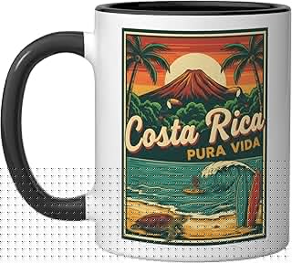 Costa Rica Pura Vida Vintage Surfer Volcano Turtle Ceramic Mug, Black/White