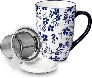 vancasso SELENE Porcelain Tea Mug, 18 oz Porcelain Tea Cup with Infuser and Lid Steeps Loose Leaf Tea, Microwave & Dishwasher Safe, Five-Leaf Clover