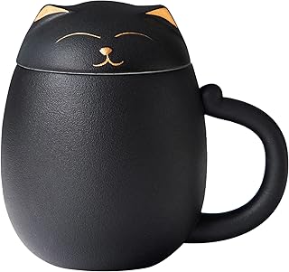 HEER Cat Tea Cup with Infuser and Lid - 13.5oz Ceramic Tea Mug - Cat Lover Gift for Friends Family. (Black)