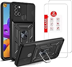 for Samsung Galaxy A21S Case with [2 Pack] Tempered Glass Screen Protector, for Galaxy A21S Heavy Duty Armor [Military-Grade] Protective, for A21S Lens Protects Magnetic Kickstand Phone Case