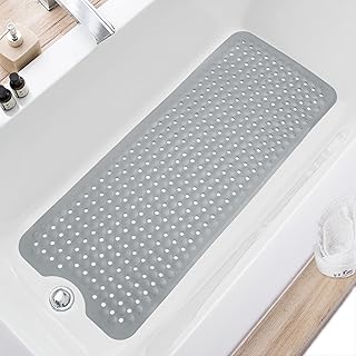 TEESHLY Bath Tub and Shower Mats, Non Slip 40 x 16 Inch Extra Large Bathtub Mat, Machine Washable Bathmat with Drain Holes, Suction Cups for Bathroom Floor, Gray