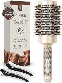 AIMIKE Round Hair Brush, Nano Thermal Ceramic & Ionic Tech, 2.1 Inch Barrel with Boar Bristles for Enhanced Texture, Golden, Hair Drying, Styling, Curling and Shine + 4 Free Clips
