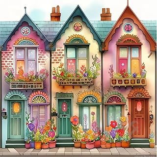 Diosedyer 5D Full Drill Whimsical Terrace Houses Diamond Painting Kit - Colorful Flower-Filled Cottages, DIY Crystal Art for Home Decor, Cottagecore Craft for Adults & Kids 11.8x11.8 inch