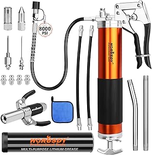 18-Piece 8000PSI Heavy Duty Grease Gun Kit with 14oz Grease, 2x11" Hoses, Flex Hose, Extension Pipes, Lock Coupler, Injector, Sharp Nozzle for Vehicle, Farm, Workshop, Marine, Easy Operation Tool