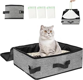 SZEE Travel Litter Box for Cats with Zipped Lid with 3 Pcs Disposable Liner Bags, Easy Cleaning, Suitable for Pets up to 15lbs, Portable Litter Box for Travel, Car, Hotel, Airplane, Camping - Grey