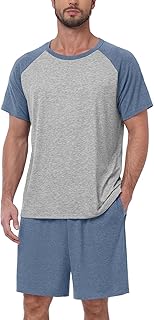 Mens Pajama Set Summer Pjs Sleepwear Lightweight Short Sleeve Pjs Soft Comfy Sleep Set With Pocket