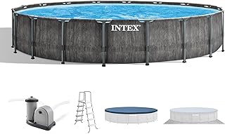 Intex Prism Frame Round Above Ground Outdoor Swimming Pool Set with Filter Pump, Ladder, Ground Cloth, and Pool Cover, Greywood