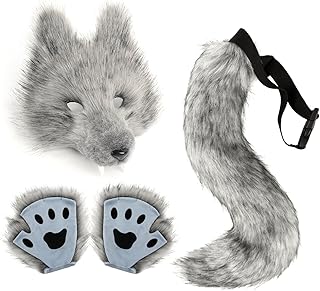 Therian Mask and Tail Set, 3-Piece Faux Fur Fox Wolf Cosplay Costume with Paw Gloves for Adults