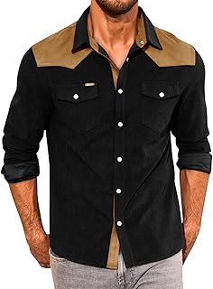 Mens Corduroy Shirt Long Sleeve Button Down Casual Western Cowboy Shirt Jacket with Flap Pockets