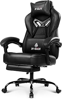 N-GEN GAMING Video Gaming Chair Big and Tall Office Computer Desk Chairs with Ergonomic Lumbar Support High Back Recliner and Footrest for Adults (Black)