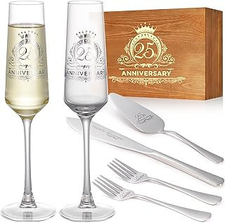 Silver 25th Anniversary Wedding Decoration Set: Champagne Flutes, Cake Cutting Set, and Gifts for Couple