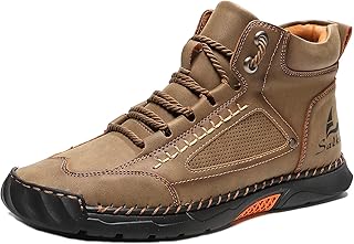Mens Casual Leather Orthopedic Handmade Boots Fashion Mid Top Walking Driving Shoes Waterproof Arch Support Spacious Toe Box Outdoor Non-Slip Trekking Boot