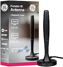 GE Portable HD TV Antenna, Indoor Digital Antenna for 1080p 4K 8K, VHF UHF Channels, 20 Mile Range, Magnetic Base, Compact Travel Design for RV, Camping, Tailgating, Black, 81843