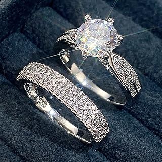 2 pcs 925 Silver Luxurious Wedding Ring Combinations Vintage Couple Rings for Men and Women Shining Zirconia Engagement Fine Jewelry for Engagement Wedding or Wedding Dinners