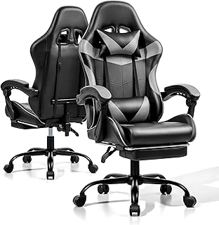 Gaming Chair, Ergonomic Computer Chair with Footrest and Lumbar Support, Height Adjustable Office Chair with 360° Swivel Seat and Headrest (Black & Grey)