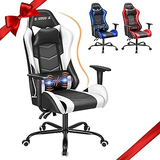 ECOTOUGE PC Gaming Chair Massage Ergonomic Office Desk Chair Racing PU Leather Recliner Swivel Rocker with Headrest and Lumbar Pillow, White