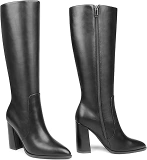 Women's Knee High Boots Square Toe Chunky Knee Heeled Boots Long Boots for Women
