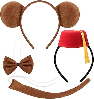 4 pcs Halloween Monkey Costume Set Felt Red Fez Hat Headband Monkey Ear Headband Bowtie and Tail for Cosplay Costume Party Supplies