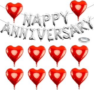 Happy Anniversary Decorations - 16 Inch Silver Letters Banner With 18 Inch Heart Balloons, Backdrop for Room Wedding Party Celebrations Valentines Day Decor